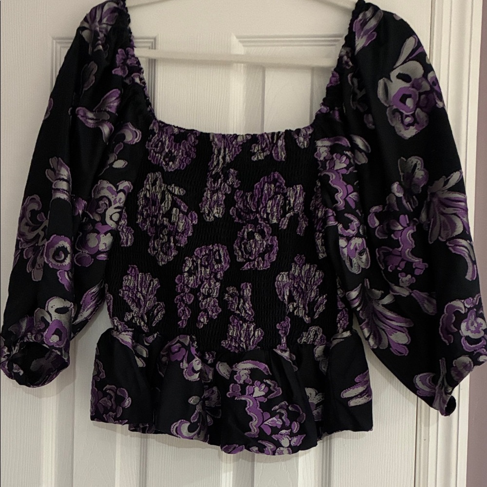 Tanya Taylor Black and Purple Floral Blouse